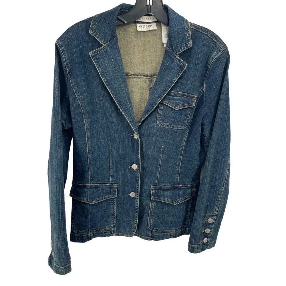 Liz Claiborne Villager Womens Jean Jacket Pocket Denim Button Up Blue Medium